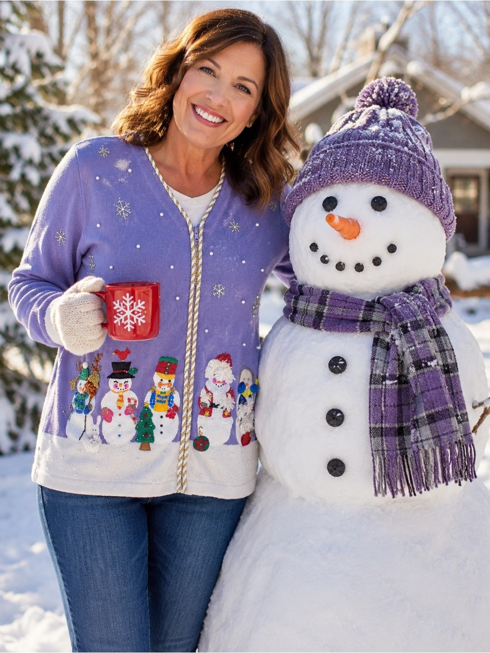 Ugly Christmas Sweater Cardigan Berek Women's Lavender Snowmen Size Large